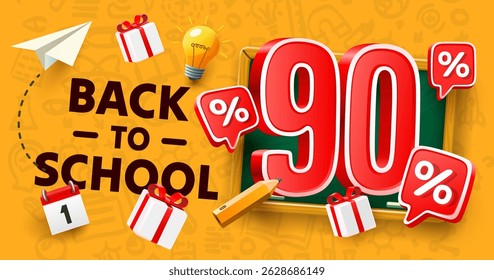 Volta para a escola oferta especial, Venda 90 por cento. Ilustração vetorial