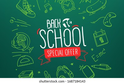 Back to school special offer. Vector banner wшер lettering inscription