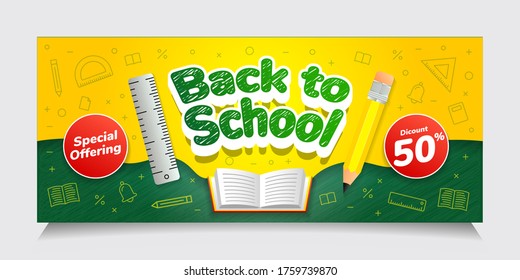 Back to School Special Offering Discount Banner Template, Green, Yellow, White, Red, Text Effect, Background