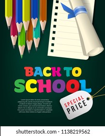 Back to school special price flyer design with paper scroll, colorful pencils and tag on green background. Text can be used for signs, posters, banners