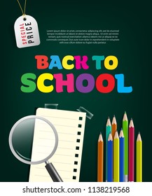 Back to school special price flyer design with magnifier glass, note, colorful pencils and tag on green background. Text can be used for signs, posters, banners