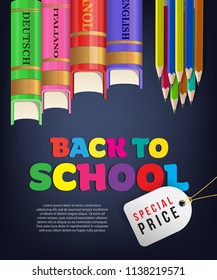 Back to school special price flyer design with books, colorful pencils and tag on black background. Text can be used for signs, posters, banners