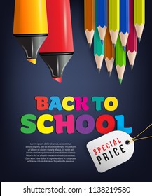 Back to school special price flyer design with felt pens, colorful pencils and tag on black background. Text can be used for signs, posters, banners