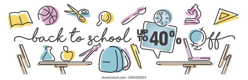 Back to School Special Sale up to 40% off handwritten typography. Line design with colorful school elements on white background