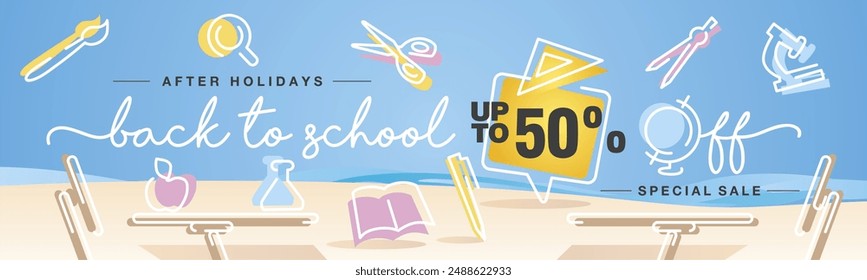 Back to School Special Sale up to 50% off handwritten typography. Line design with colorful school elements on the summer holiday background