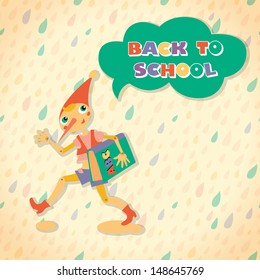 Back to school speech bubble. Hero of fairy story. Template for card. Vector illustration.