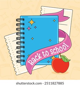 Voltar à escola bloco de anotações espiral com maçã e banner Vetor