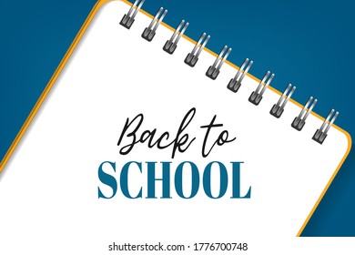 Back to School. Spiral notebook on blue background. Sale banner template. 3d realistic illustration. 