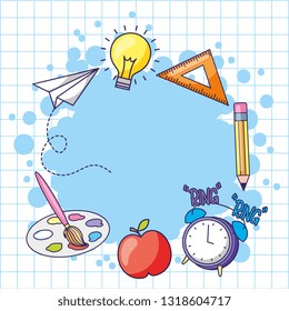 Back to school splash frame with utensils cartoons vector digital illustration image