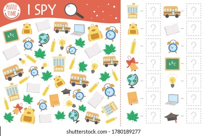 Back to school I spy game for kids. Searching and counting activity for preschool children with cute school objects. Funny autumn printable worksheet for kids. Simple lesson spotting puzzle.
