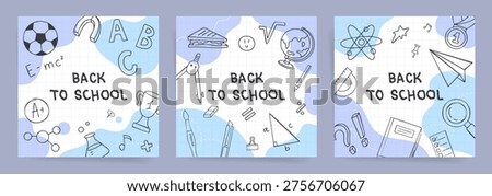 Back to School square banner set with doodle science and school icons on blue grid paper background