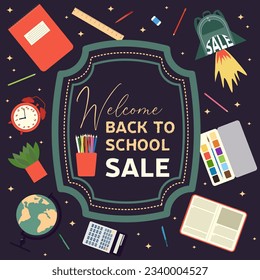 Back to school square banner. Welcome back to school sale square banner. Dark color banner. Vector illustration.