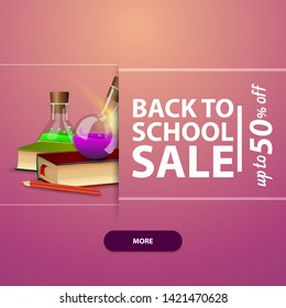 Back to school, square banner for your website, advertising and promotions with books and chemical flasks