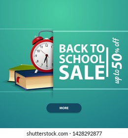 Back to school, square banner for your website, advertising and promotions with school books and alarm clock