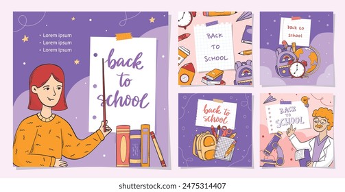 Back to school square banners, prints, cards, posters, templates with lettering quotes and doodles. Education, school theme. EPS 10