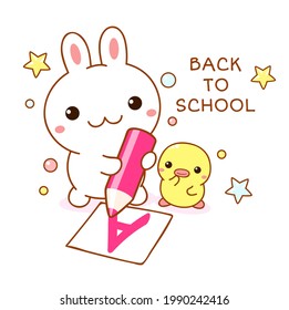 Back to school. Square card of kawaii bunny and duckling. Cute little duck and rabbit friends write a letter. Vector illustration EPS8 