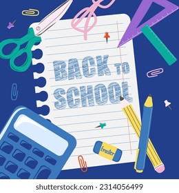 Back to school square poster. Background design with education accessories element. Vector illustration