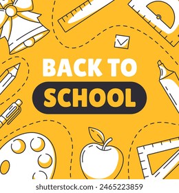 Back to school square poster, vector minimalist design with school supplies, stationery, bell, line icons. Education, learning, knowledge concept. For social media, post, banner, flyer, advertising