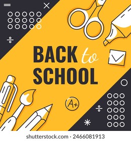 Back to school, square poster, vector minimalist design with school supplies, stationery, geometric shapes. Education, learning, knowledge concept. For social media, banner, flyer, advertising, card