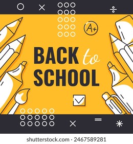 Back to school, square poster, vector minimalist design with school supplies, stationery, geometric shapes. Education, learning, knowledge concept. For social media, banner, flyer, advertising, post
