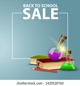 Back to school, square web banner for your website with books and chemical flasks