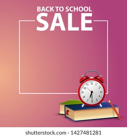 Back to school, square web banner for your website with school books and alarm clock