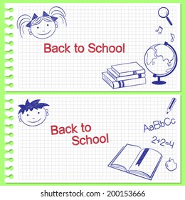 Back to school squared notebook paper banners with hand drawn school items 