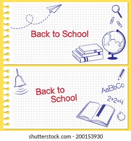 Back to school squared notebook paper banners with hand drawn school items 