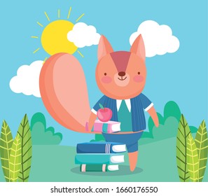 back to school, squirrel with books apple cartoon outdoor vector illustration