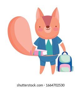 back to school squirrel with clothes books and bag cartoon vector illustration