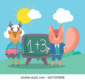 de vuelta a la escuela, ciervo de ardilla con ilustración vectorial de la mochila