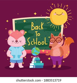 Volver a la escuela ardilla diseño de zorro e iconos, clase de educación y tema de lección Ilustración vectorial