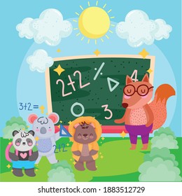 de vuelta a la escuela ardilla oso koala y panda con pizarra en ilustración de vector paisajista