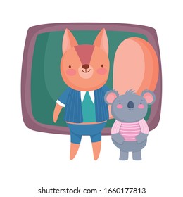 back to school, squirrel koala chalkboard students cartoon vector illustration