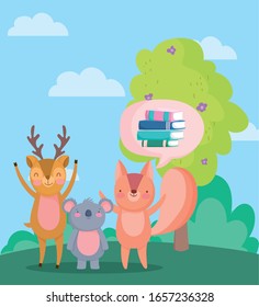 back to school, squirrel koala deer books bubble tree outdoor cartoon vector illustration