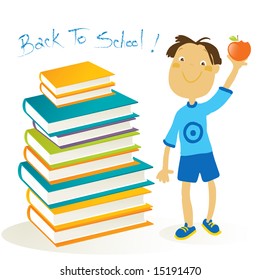 back to school- stack of  books and a happy boy with red apple in a hand, isolated on white background, vector illustration