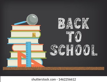 Back to school. Stack of books with magnifier on blackboard background. Chalk-drawn congratulations. Vector illustration.