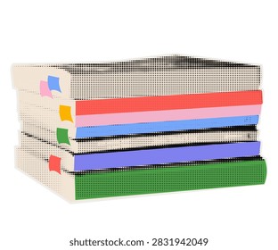 Back to School stack of books, textbooks with colorful bookmarks, halftone collage isolated on transparent background. Study materials for education, exam preparation, learning, schoolwork. Vector