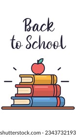 Zurück zur Schule. Ein Stapel farbiger Bücher auf einem Tisch mit Apfel und Schrift. Vektorgrafik in flachem Stil für Banner, Artikel, Geschichte