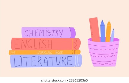 back to school: a stack of textbooks and a pencil cup