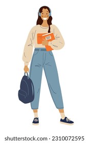 Zurück zur Schule, stehende Schülerin mit Rucksack und Lehrbüchern, flache Vektorgrafik weiblichen Charakters, Bildungs- und Lernkonzept, Jugendaktivismus, Feminismus und Gleichheit.
