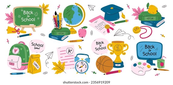 Back to school, start of education sticker badge set with different studying supplies and decoration. Student knowledge stationery doodle design element for offline and online vector illustration