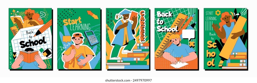 Back to school. Start learning. Students education. Read books in library. Online course training. Teacher and schoolchildren. Abstract design fun template. Cartoon children study vector banners set