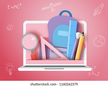 Back To School ,stationary And Labtop Paper Art Style.