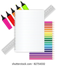 Back to School - Stationery: Blank Exercise Book, Markers, Crayons and Ruler