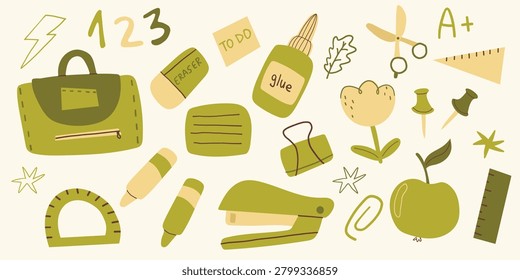 Back to School Stationery Clipart Set in Yellow and Green Palette with Briefcase, Stapler, Apple and Learning Supplies
