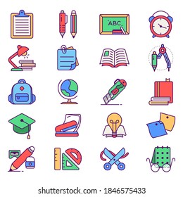 Back to school and stationery filled outline icon pack vector.