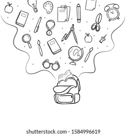 back to school . school stationery flowing in school bag. pencil, Book, notebook, ruler, pen, calculator, scissors, paint