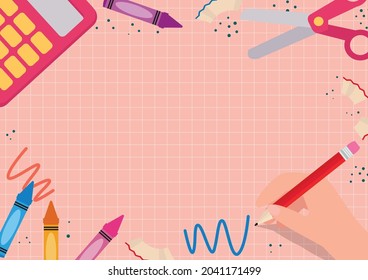 Back to school stationery frame template. Flat vector cartoon design