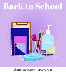 back to school stationery with new edition of hand sanitizer and face mask